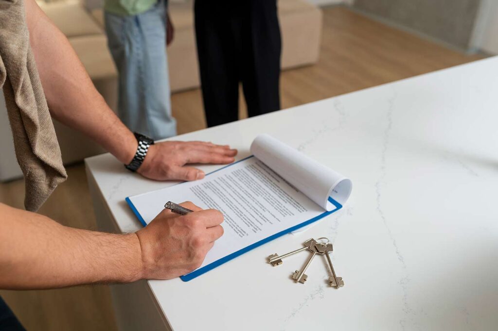 Woman signing a rental document